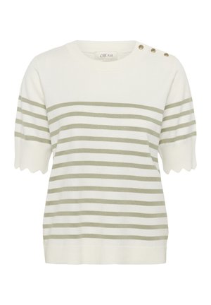 Pletený top v krémovej farbe s horizontálnymi zelenými pruhmi, krátkymi vykrojenými rukávmi a zlatými akcentovými gombíkmi na ľavom pleci.