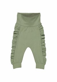 Zelené bavlněné tepláky s širokým pasem, postranními volánky a úzkými manžetami. Měkká textura, ležérní design, vhodné pro pohodlné nošení.