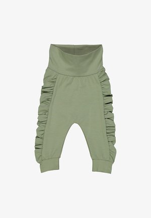 Groene katoenen joggers met een brede tailleband, zijsnufjes en taps toelopende manchetten. Zachte textuur, casual ontwerp, geschikt voor comfortabele kleding.