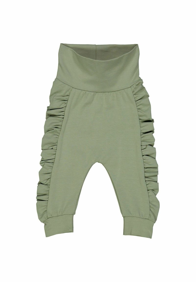 Zelené bavlněné tepláky s širokým pasem, postranními volánky a úzkými manžetami. Měkká textura, ležérní design, vhodné pro pohodlné nošení.