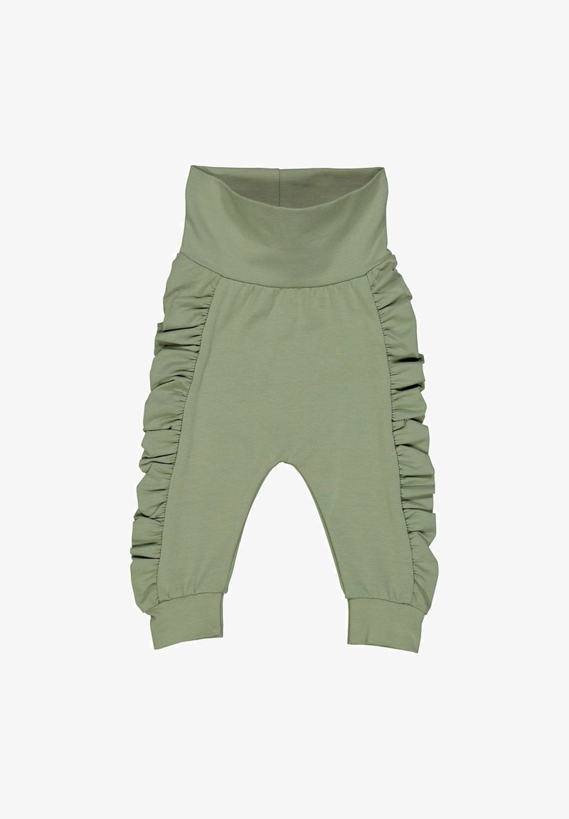 Zelené bavlněné tepláky s širokým pasem, postranními volánky a úzkými manžetami. Měkká textura, ležérní design, vhodné pro pohodlné nošení.