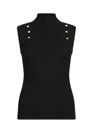 Zwart geribd mouwloos topje met een hoge hals, met schouderopeningen versierd met drie zilveren knopen.