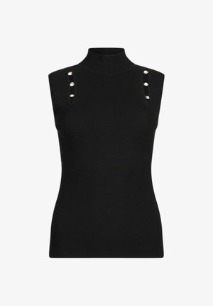 Zwart geribd mouwloos topje met een hoge hals, met schouderopeningen versierd met drie zilveren knopen.