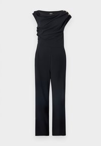 Μαύρη ολόσωμη φόρμα με υφασμάτινη λεπτομέρεια στη λαιμόκοψη, πλευρικά κουμπιά και σχέδιο με ίσια μπατζάκια. Κατασκευασμένη από ελαστικό υλικό.