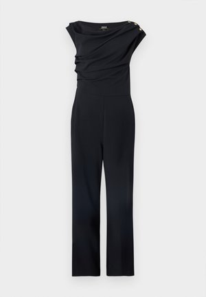 Fekete overál, melynek nyakrésze drapériás anyagból készült, oldalt gombokkal és egyenes szárú kialakítással. Rugalmas anyagból készült.