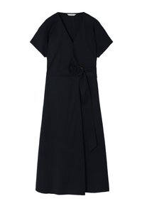 Abito avvolgente blu navy con maniche corte, cintura con fiocco e dettaglio annodato in vita. Realizzato in tessuto morbido con una trama liscia.