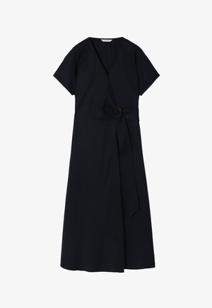 Abito avvolgente blu navy con maniche corte, cintura con fiocco e dettaglio annodato in vita. Realizzato in tessuto morbido con una trama liscia.