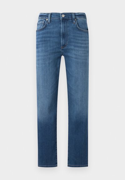 Ανδρικό τζιν μπλε denim με ίσια μπατζάκια, εμπρόσθιες τσέπες, θηλιές για ζώνη, κλείσιμο με κουμπί και ελαφρώς ξεθωριασμένο στα μηρά και γόνατα.