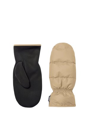 Moufles isothermes noires et beiges avec poignets élastiques, vues de face et de dos sur fond blanc.