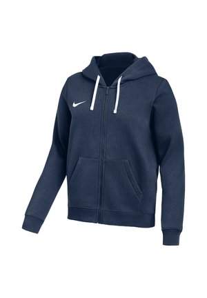 Sweat à capuche zippé Nike bleu marine avec cordons blancs, poches avant et manches longues.