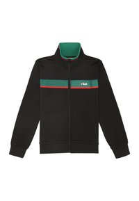 Chaqueta negra con cremallera y cuello alto. Presenta franjas horizontales verdes y rojas en el pecho. Incluye bolsillos laterales y puños elásticos.