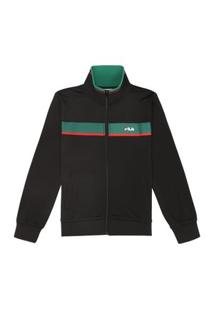 Veste zippée noire avec un col montant. Présente des rayures horizontales vertes et rouges sur la poitrine. Comprend des poches latérales et des poignets élastiques.