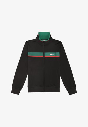 Musta vetoketjullinen takki, jossa on korkea kaulus. Rinnassa on vihreitä ja punaisia vaakaraitoja. Takissa on sivutaskut ja joustavat hihansuut.