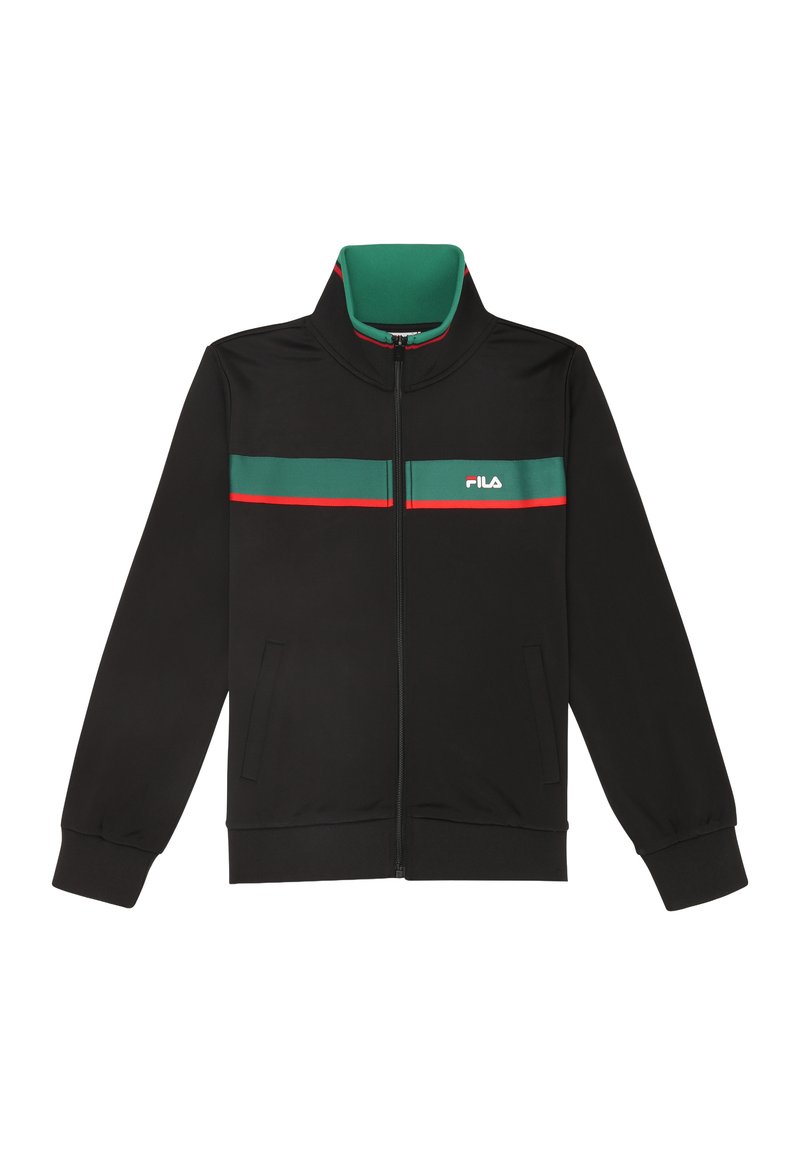 Chaqueta negra con cremallera y cuello alto. Presenta franjas horizontales verdes y rojas en el pecho. Incluye bolsillos laterales y puños elásticos.
