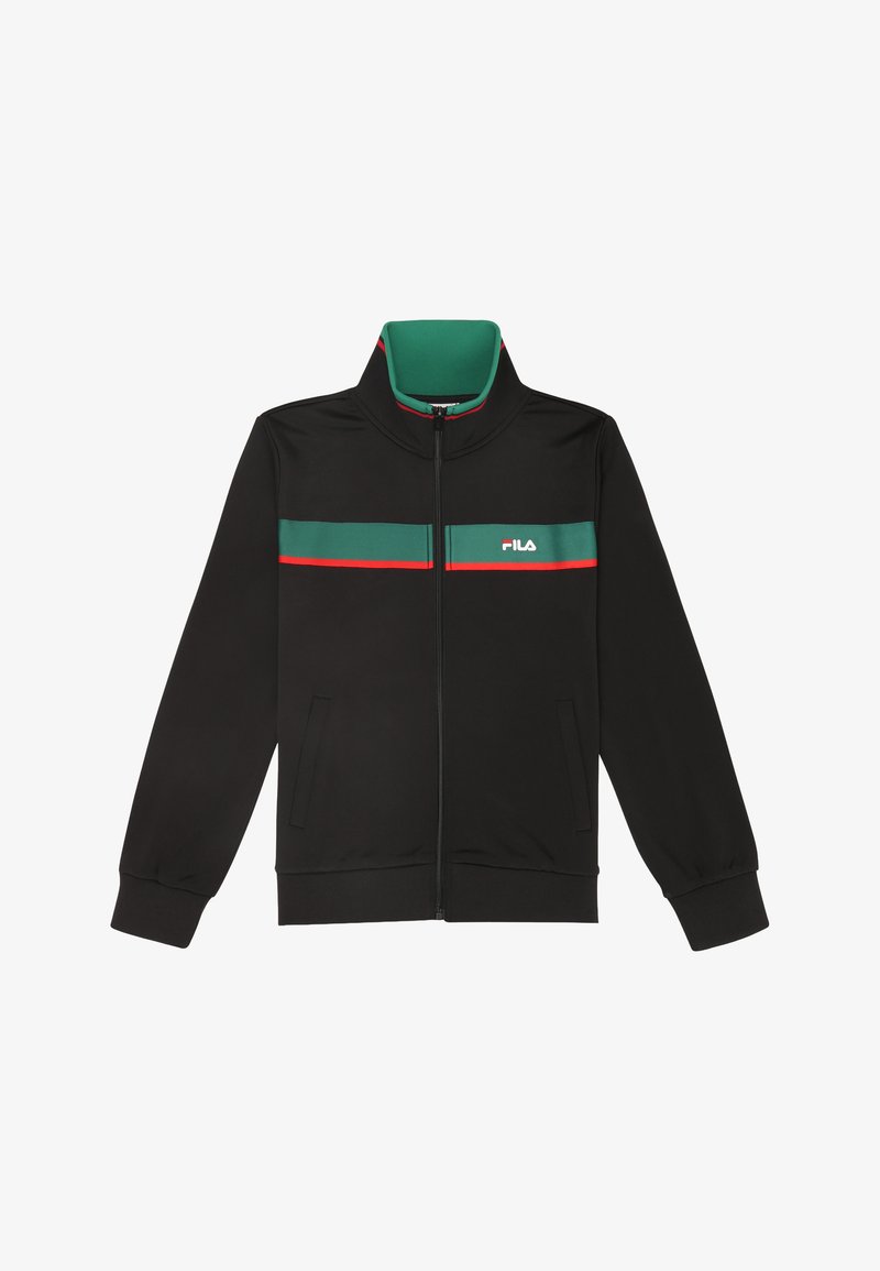 Chaqueta negra con cremallera y cuello alto. Presenta franjas horizontales verdes y rojas en el pecho. Incluye bolsillos laterales y puños elásticos.