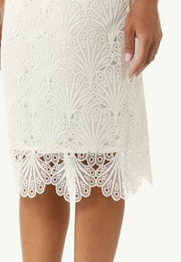 Robe blanche en dentelle avec des motifs en éventail intricats et un ourlet festonné. Le tissu met en valeur une texture délicate et un fin détaillage.