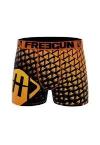 Boxers noirs et oranges avec un motif géométrique en triangles, une taille élastique arborant le logo "FREEGUN" et une texture douce.