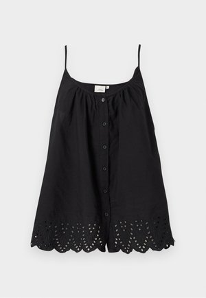 Blouse noire sans manches avec fines bretelles, boutons sur le devant et ourlet festonné avec motifs de feuilles découpées brodées.