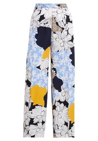 Wijde pantalon met een bloemmotief in wit, zwart en geel tegen een lichtblauwe achtergrond, gemaakt van lichte stof.