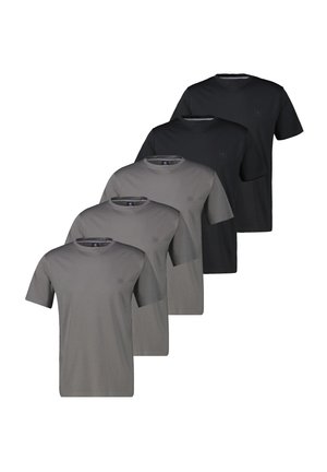 Viisi yksiväristä pyöreäkauluksista t-paitaa kahdessa sävyssä, kolme harmaata edessä ja kaksi mustaa takana, aseteltuna lomittain valkoisella taustalla.