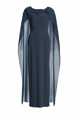 Marineblaues Kleid mit figurbetonter Silhouette, mit einem drapierten Cape und einem silbernen Akzent am Halsausschnitt. Glatter Stoff mit weicher Textur.