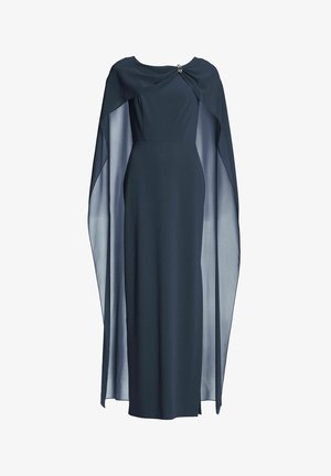 Marineblauwe jurk met een aansluitende silhouet, voorzien van een gedrapeerde cape en een zilveren accent bij de halslijn. Gladde stof met een zachte textuur.