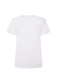 Camiseta de algodón blanca de manga corta, con escote redondo y diseño sencillo; presenta una textura suave y un dobladillo recto en la cintura.