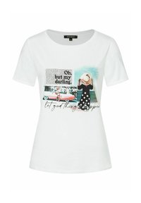 White short-sleeve t-shirt featuring a mixed-media graphic with text, a vintage car, and a polka-dotted dress illustration. Soft cotton fabric.