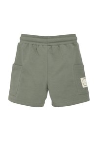 Shorts en mélange de coton de couleur vert atténué avec une taille élastique, des poches latérales et une petite étiquette sur la poche droite.