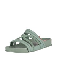 Green rubber slide sandal with braided straps, textured outsole, and a smooth finish. Features a raised brand logo in contrasting color.