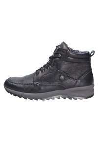 Bottines en cuir noir avec une finition texturée, bout rond, design à lacets et semelle en caoutchouc robuste pour une meilleure adhérence.