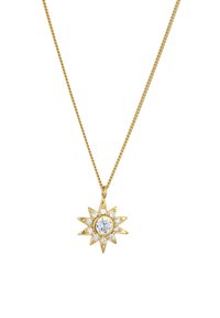 Pendentif en or en forme de soleil avec une pierre précieuse centrale claire entourée de petits accents clairs sur une chaîne délicate.