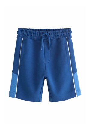 Blaue Sweatshorts aus weichem Stoff mit elastischem Bund, Kordelzug und kontrastierenden hellblauen Seitenpaneelen mit weißem Piping.
