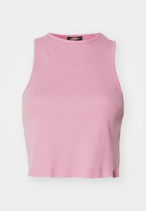 Pink ribbed crop top with a round neckline and sleeveless design. Features a hemline finishing just above the waist.