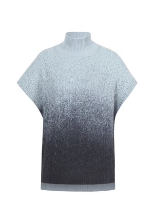 Vaaleansinisestä tummanharmaaseen ombre-värjätty neulepusero, jossa on korkea ribbikaulus, lyhyet hihat ja teksturoidut kuvionnit koko kankaan alueella.