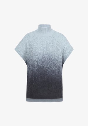 Šviesiai mėlyna iki tamsiai pilka ombre megztinis su aukštu briaunuotu apykakle, trumpomis rankovėmis ir tekstūriniais raštais visame audinyje.