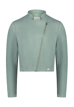 Jasnozielona, krótka kurtka wykonana z materiału przypominającego zamsz, z wysokim kołnierzem i asymetrycznym zapięciem na zamek z przodu.