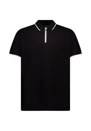 Zwart poloshirt met korte mouwen, voorzien van een kwart rits en witte accenten op de kraag en mouwen. Textuur in de stof.