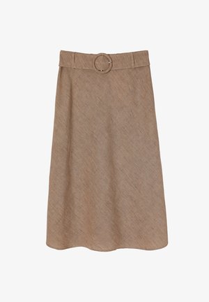 Sukně do délky ke kolenům, ve tvaru A, vyrobená z texturované béžové látky, s širokým pasem obsahujícím kulatou sponu a několika poutky na opasek.
