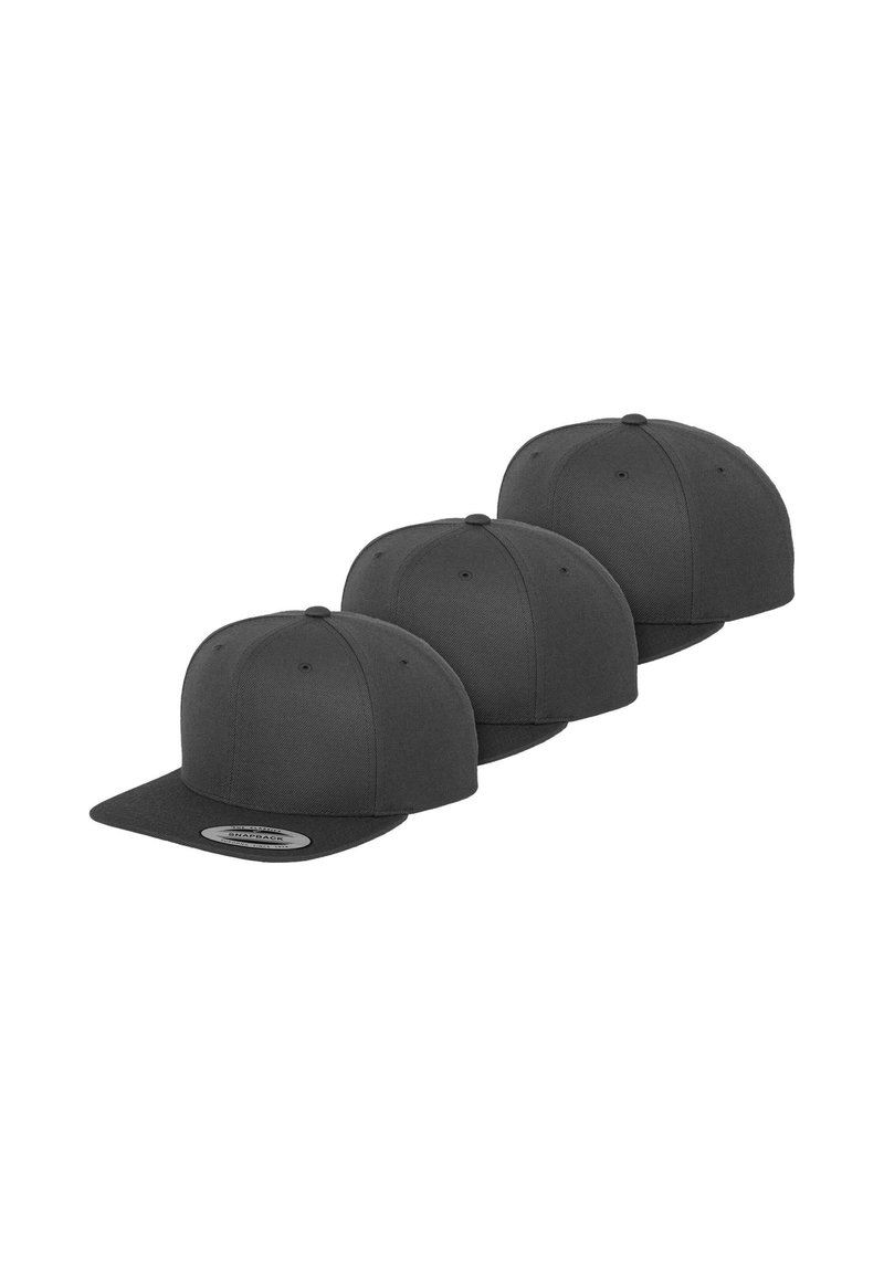 Three black snapback caps with a flat brim, featuring a textured fabric, rounded crown, and adjustable strap at the back.
