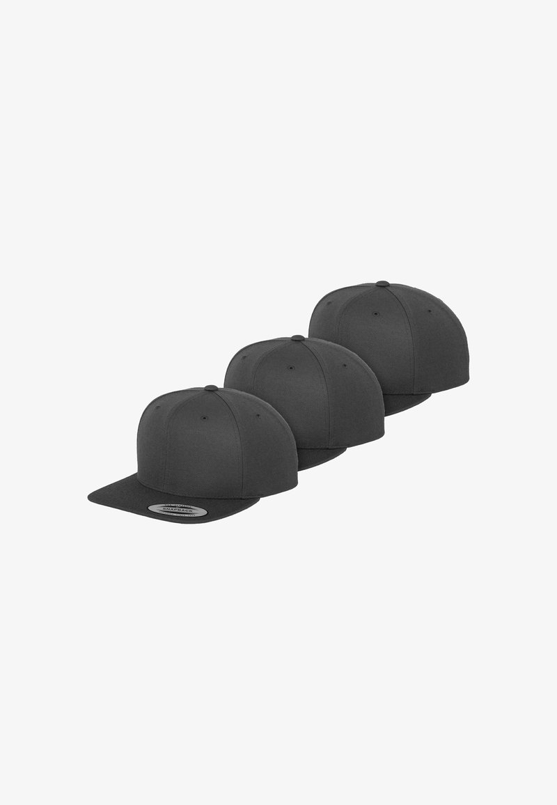 Three black snapback caps with a flat brim, featuring a textured fabric, rounded crown, and adjustable strap at the back.