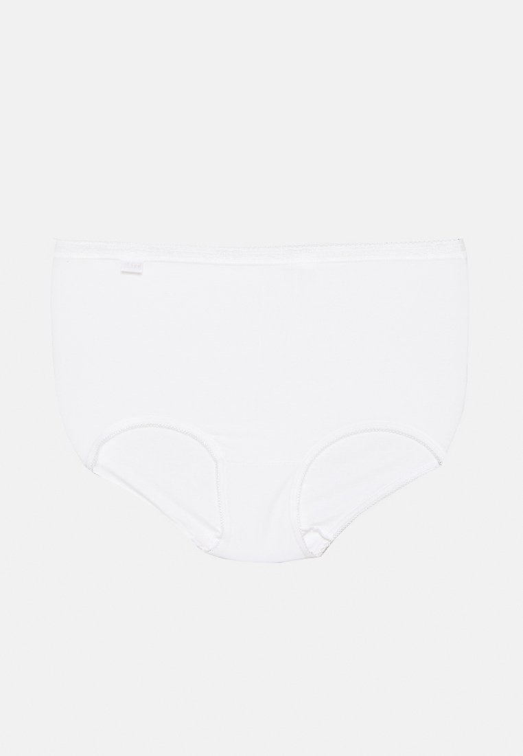 Weiße Baumwollslips mit einem hochgeschnittenen Design, ausgestattet mit einem weichen elastischen Bund und glatter Textur, die vollständige Abdeckung in einem schlichten Stil bieten.