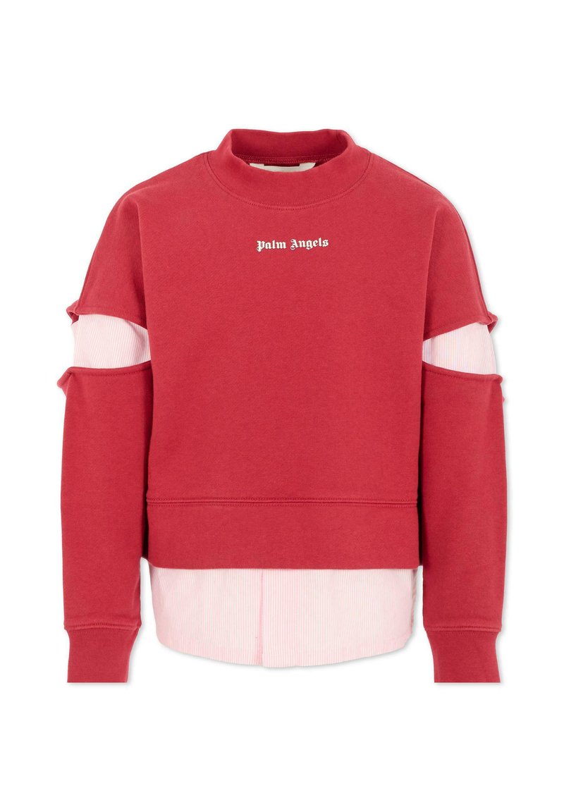 Felpa rossa con colletto a girocollo, caratterizzata da maniche tagliate e un design a strati con un sottostrato rigato di un leggero rosa. Logo "Palm Angels" visibile.
