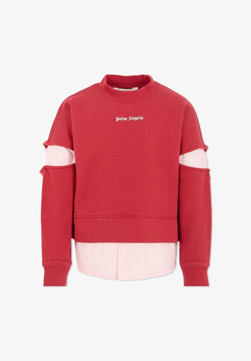 Felpa rossa con colletto a girocollo, caratterizzata da maniche tagliate e un design a strati con un sottostrato rigato di un leggero rosa. Logo "Palm Angels" visibile.