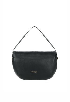 Borsa a tracolla in pelle nera Braccialini con forma curva, tracolla singola e logo dorato al centro vicino alla base.