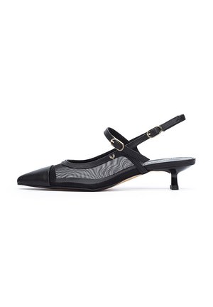 Zapato negro de tacón bajo con punta afilada, que presenta una parte superior de malla transparente, acentos de cuero y un tacón tipo kitten. Detalle en hardware dorado visible.