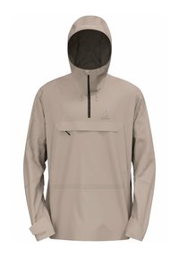 Beige wasserdichte Jacke mit Kapuze, Frontreißverschluss und Brusttasche. Verfügt über lange Ärmel und eine glatte, matte Textur.
