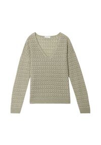 Maglione lavorato a maglia verde chiaro con scollatura a V, maniche lunghe e motivo testurizzato. Finiti con polsini e orlo a coste per un look strutturato.