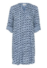 Jasnoniebieska tunika z granatowym wzorem falistym, z dekoltem w kształcie litery V, dwoma guzikami oraz podwiniętymi rękawami z mankietami. Miękka tekstura materiału.