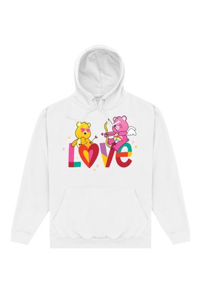 Weißer Kapuzenpullover mit einem bunten Design, das zwei Cartoonbären zeigt: einen gelben Bären und einen rosa Bären mit Flügeln, sowie dem Wort "Liebe" in fetten Buchstaben.